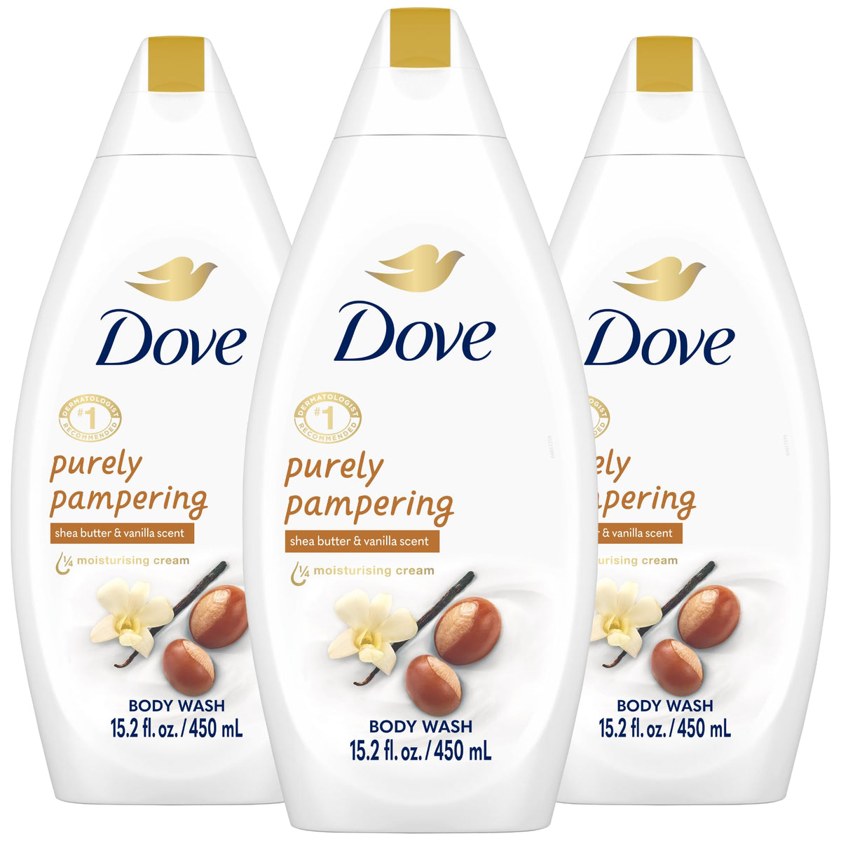 Dove front packaging showing label and three-bottle value pack benefit