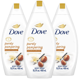 Dove front packaging showing label and three-bottle value pack benefit