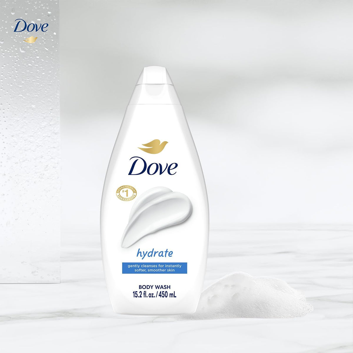 Dove bottles on shower shelf demonstrating tidy storage and daily use benefit