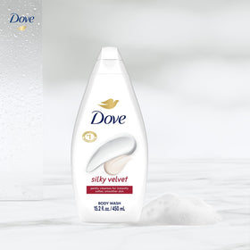 Dove bottle in shower setting demonstrating in-use hydration and gentle cleansing