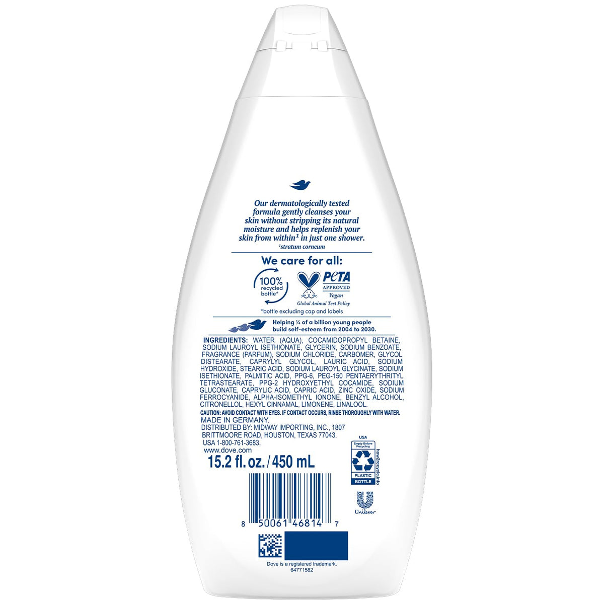 Dove pump and label detail highlighting product information and easy dispensing