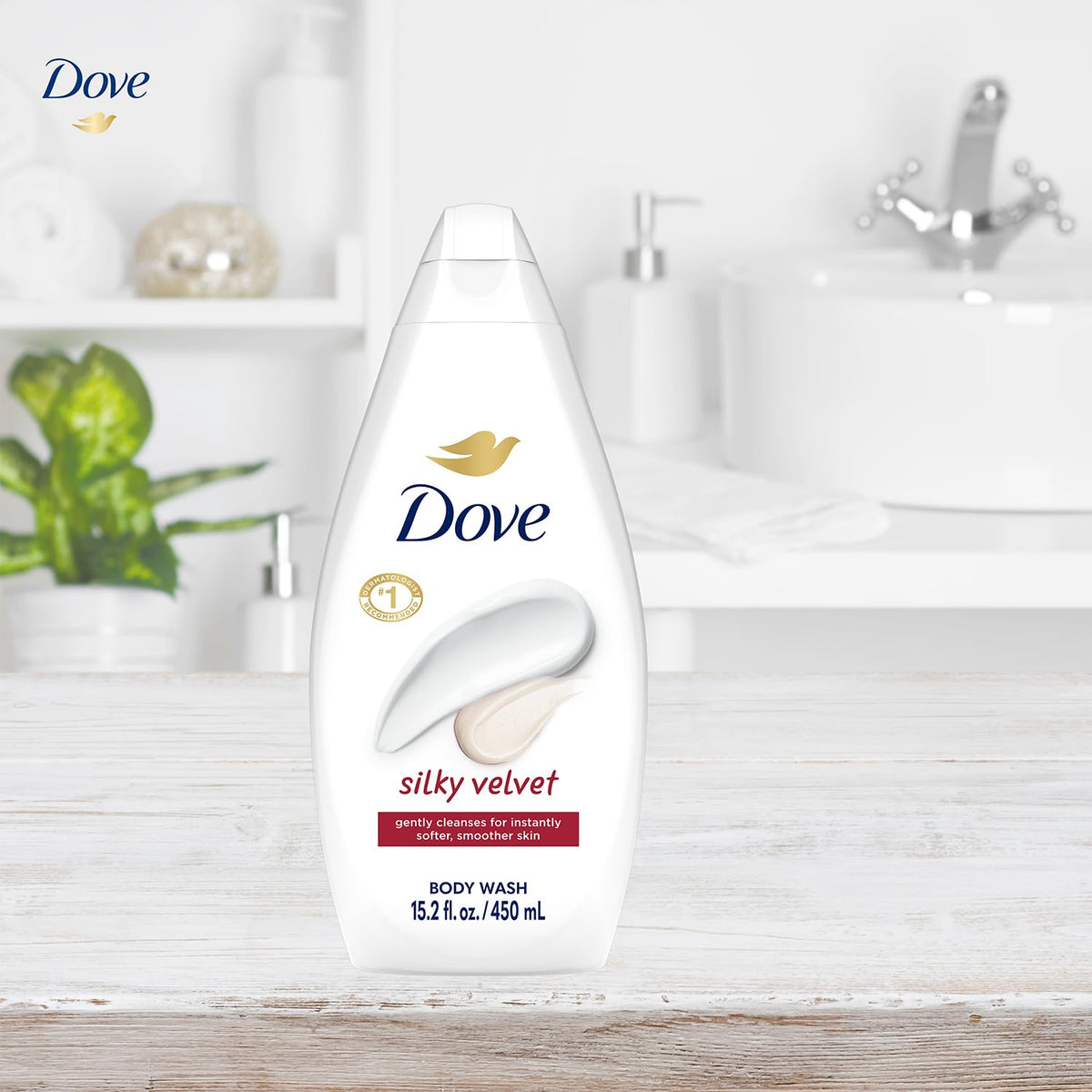 Dove bottle next to hand for scale conveying 15.22 oz size and convenient handling