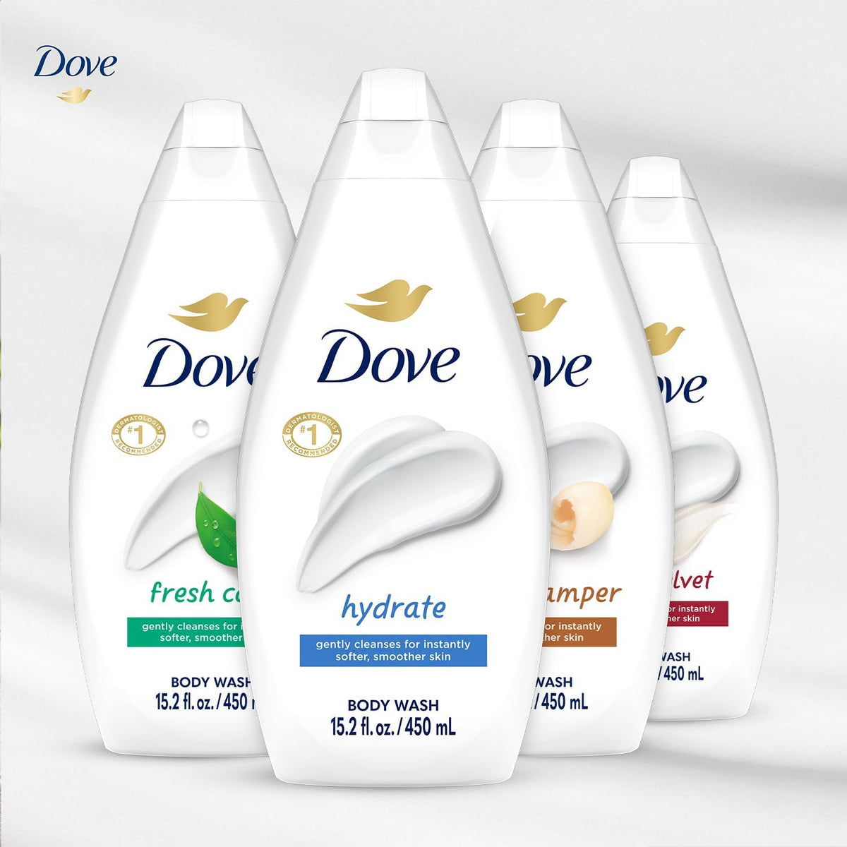 Six Dove bottles lined up to show variety and convenient household supply