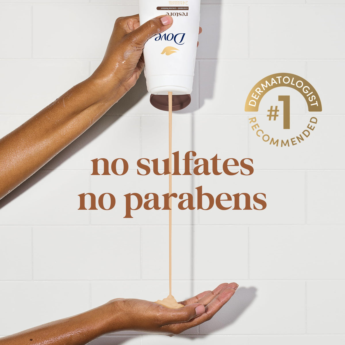 Dove bottle in hand to show size and convenient four-count value
