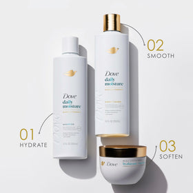 Dove bottle beside a hand for scale to show 12 oz travel and home size