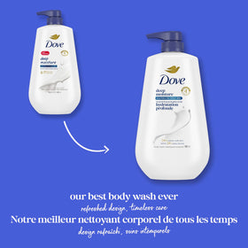 Dove three-pack staged bathroom scene showing recycled bottles and sustainability