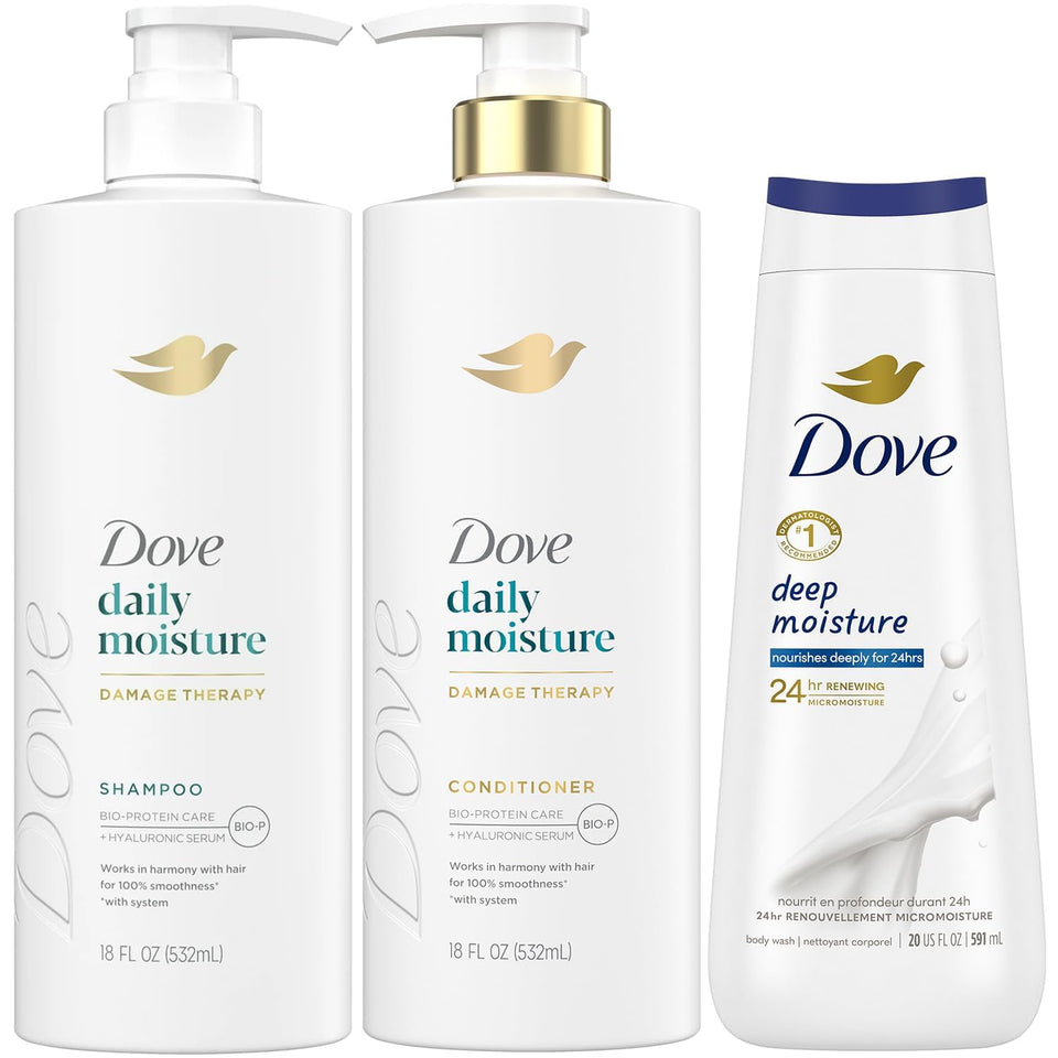 Dove three-piece set front packaging showing all bottles and hydration benefits