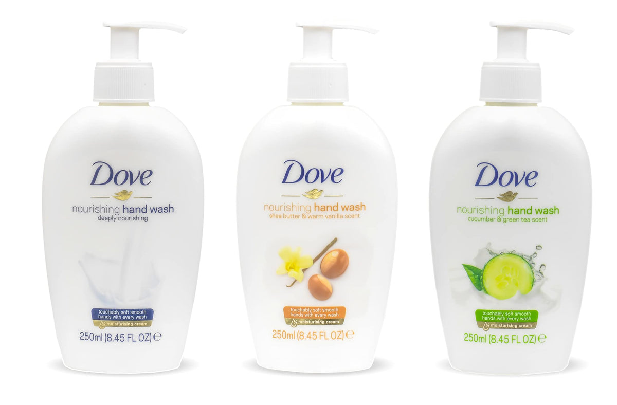 Dove front packaging showing three 250ml bottles and product variety benefit