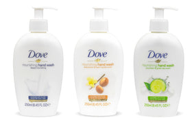 Dove front packaging showing three 250ml bottles and product variety benefit