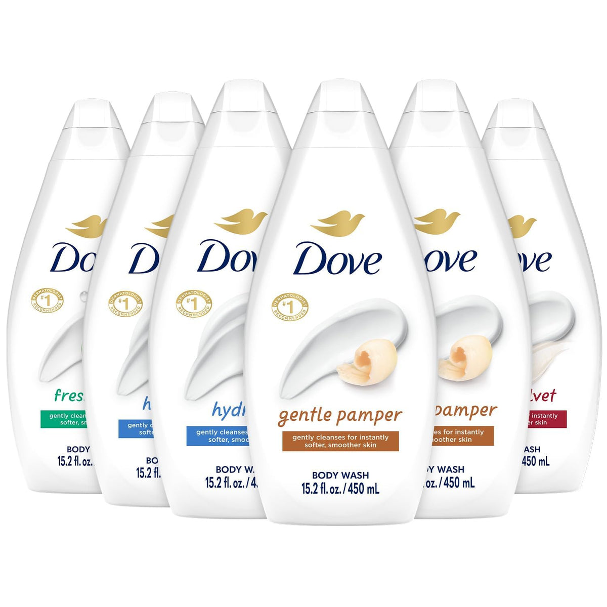 Dove front packaging showing six bottles and benefits of variety
