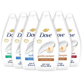 Dove front packaging showing six bottles and benefits of variety