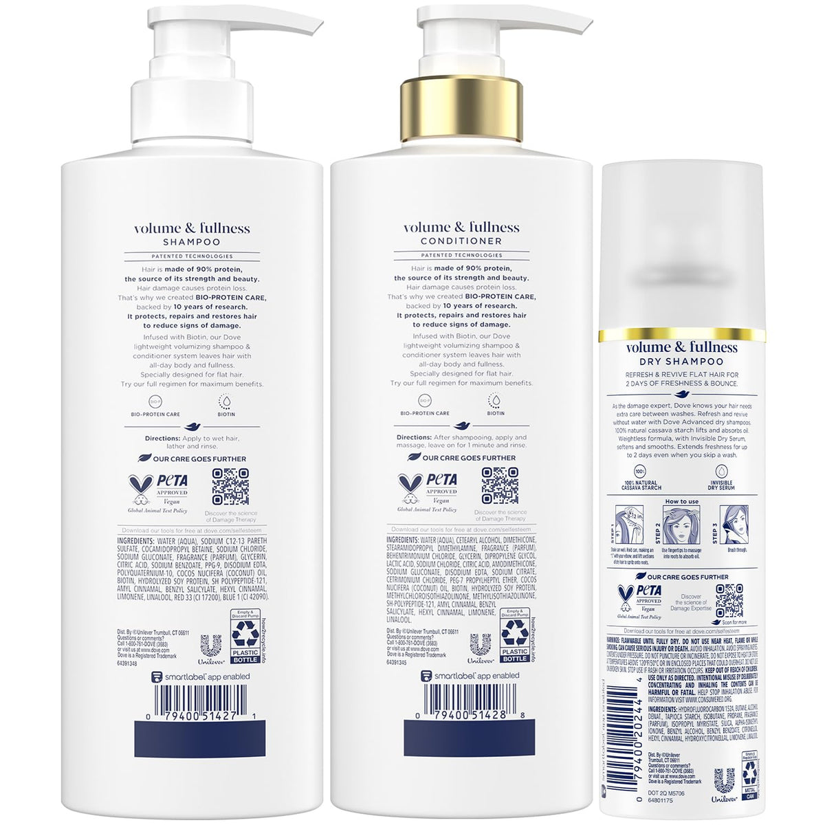 Dove shampoo pump closeup highlighting easy-dispense and volumizing benefit