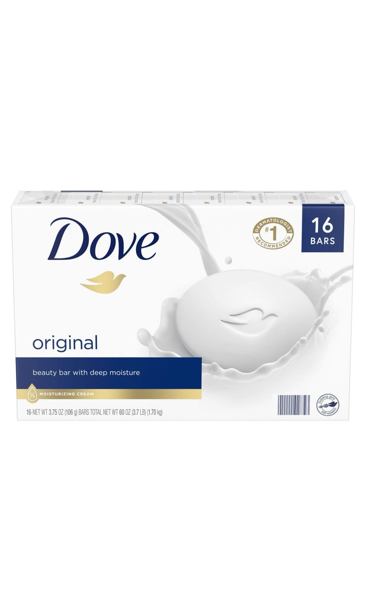 Dove white beauty bar front packaging showing brand and moisturizing claim