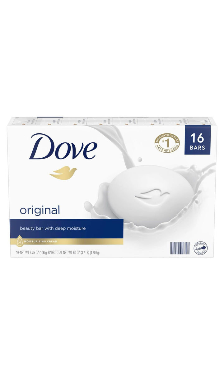 Dove white beauty bar front packaging showing brand and moisturizing claim