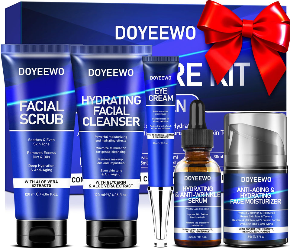DOYEEWO front packaging showing full men’s skincare kit, clear organization benefit