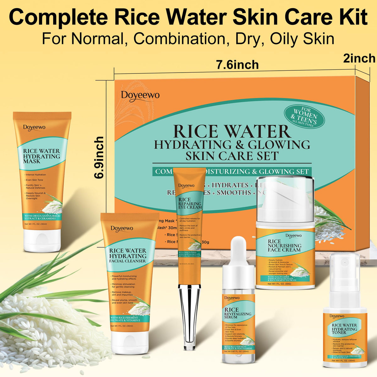 DOYEEWO rice facial mask sachet being applied, offering overnight repair and boost