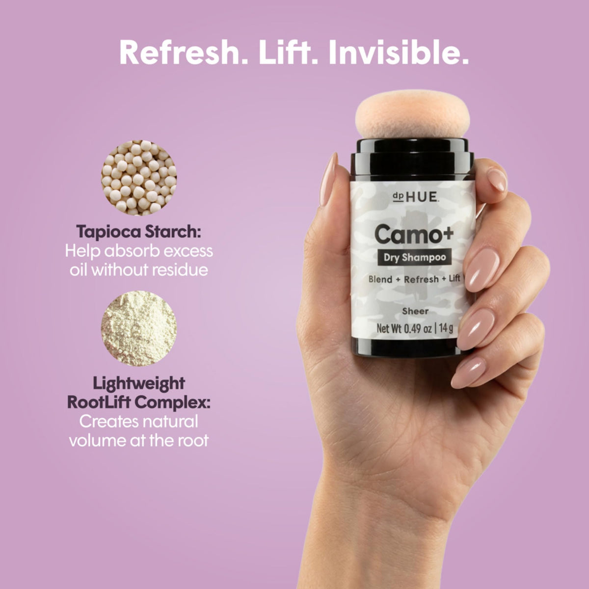 dpHUE applying powder to roots to reduce oil and add lift instantly