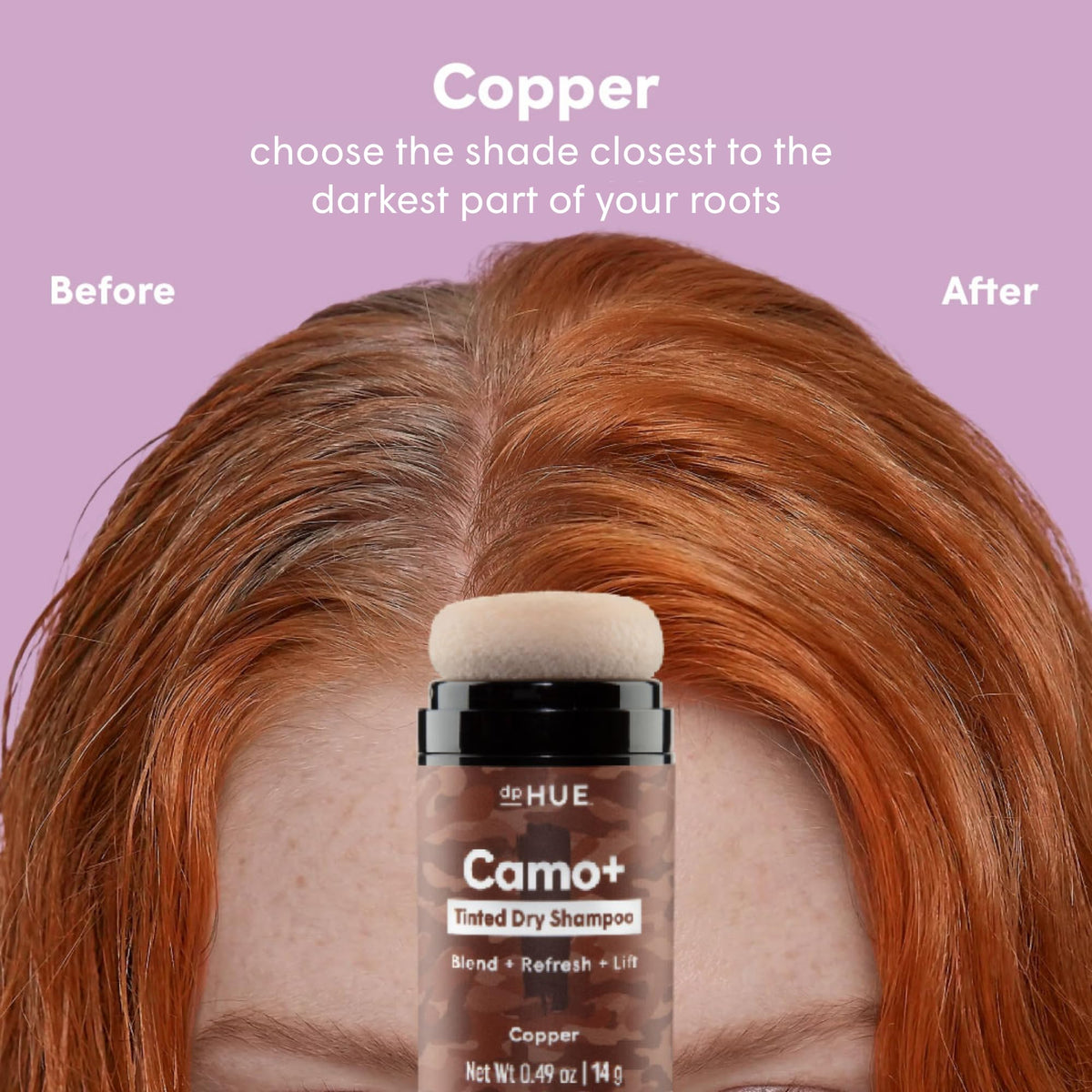 dpHUE puff applicator close-up highlighting precise root targeting and easy use