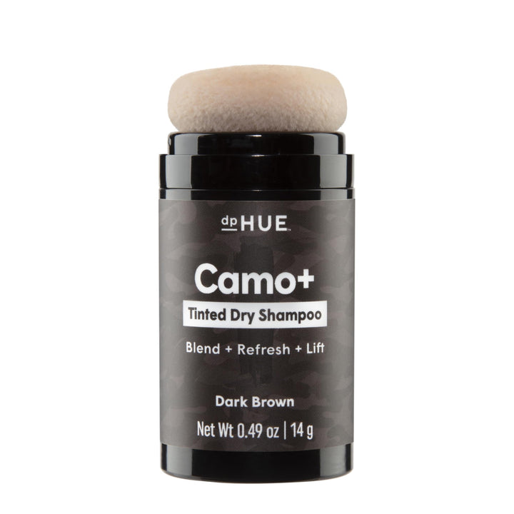 dpHUE front packaging showing compact tinted dry shampoo for easy touch-ups