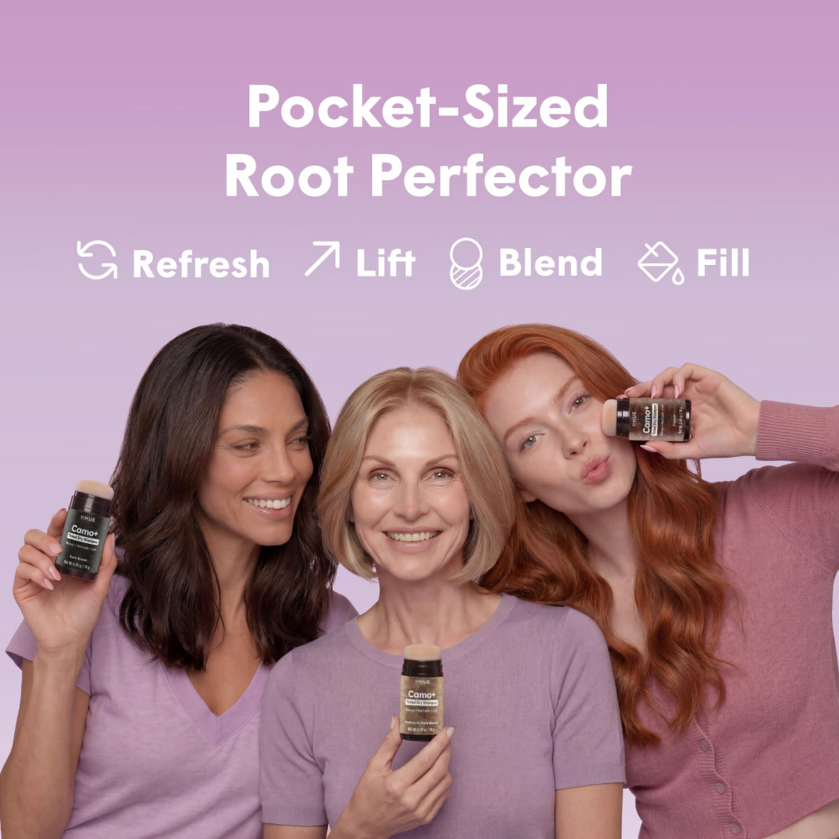 dpHUE lifestyle image of woman touching hair showing fuller-looking volume