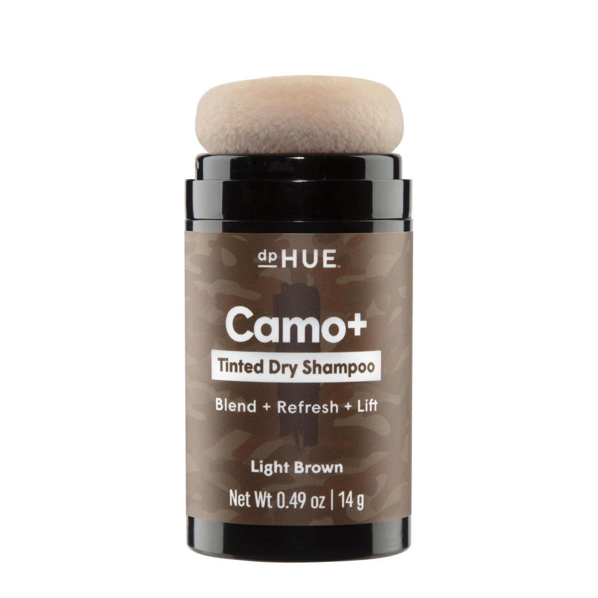 dpHUE front packaging of Camo+ Light Brown showing product and puff for easy touch-ups