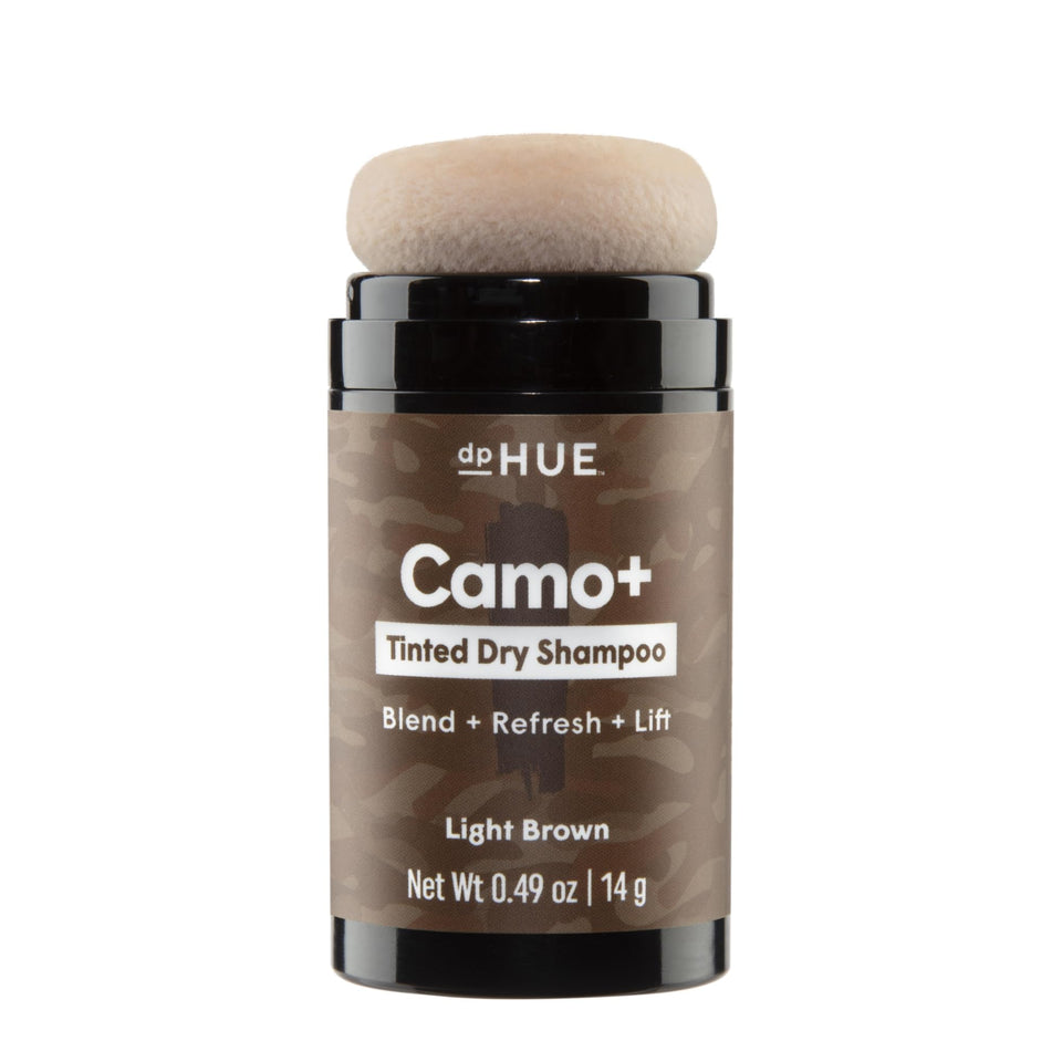 dpHUE front packaging of Camo+ Light Brown showing product and puff for easy touch-ups