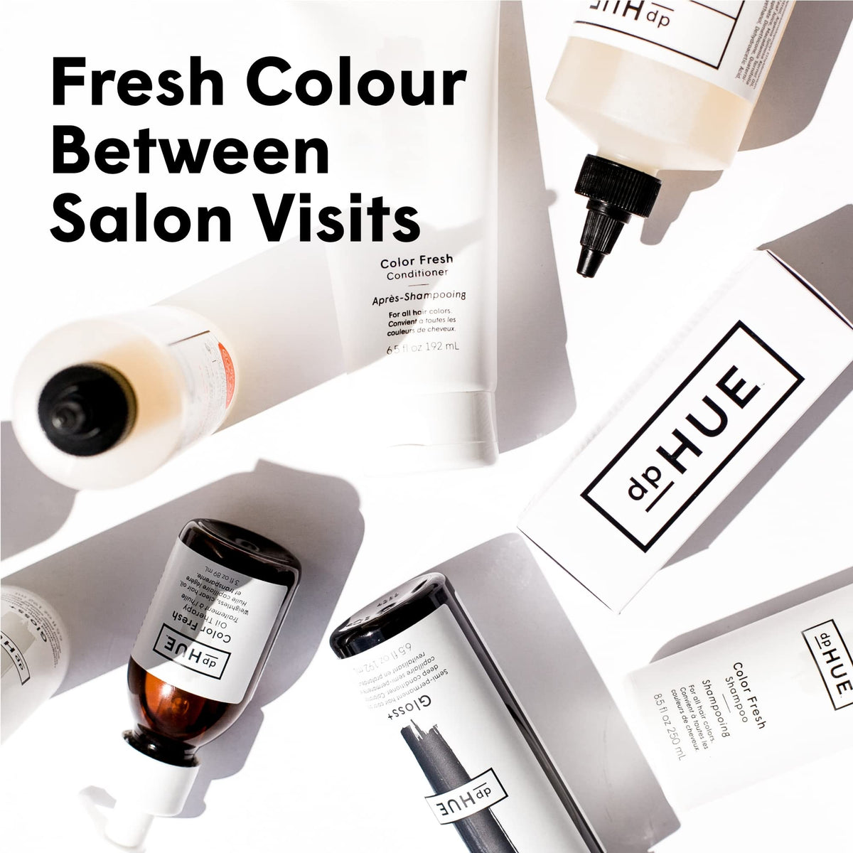 dpHUE bottle on vanity with other products showing salon-quality results