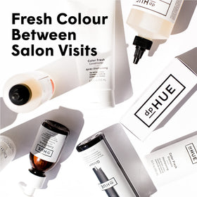 dpHUE bottle on vanity with other products showing salon-quality results