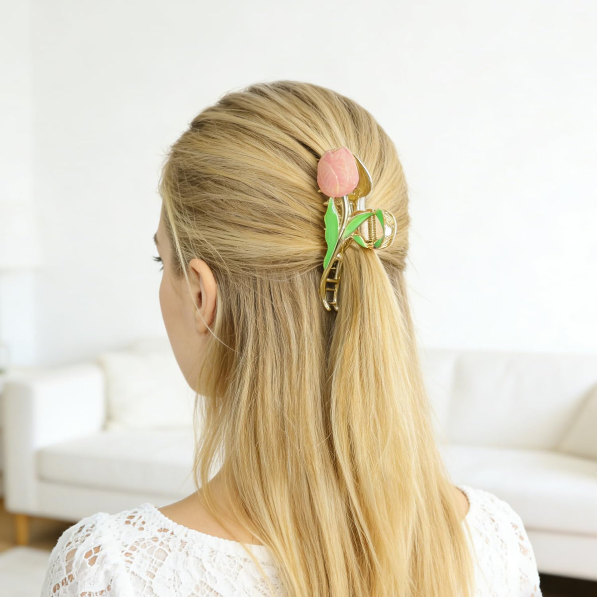 DPWCVM clip holding a bun for secure all-day wear