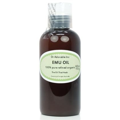 Dr Adorable front bottle showing label and pure emu oil benefits