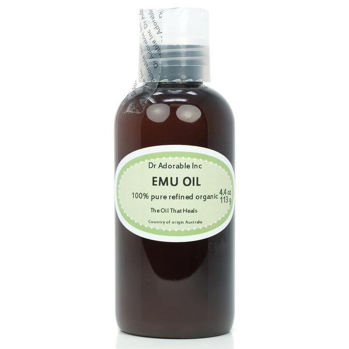 Dr Adorable front bottle showing label and pure emu oil benefits