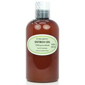 Dr Adorable front label of 8 oz ostrich oil showcasing organic premium product