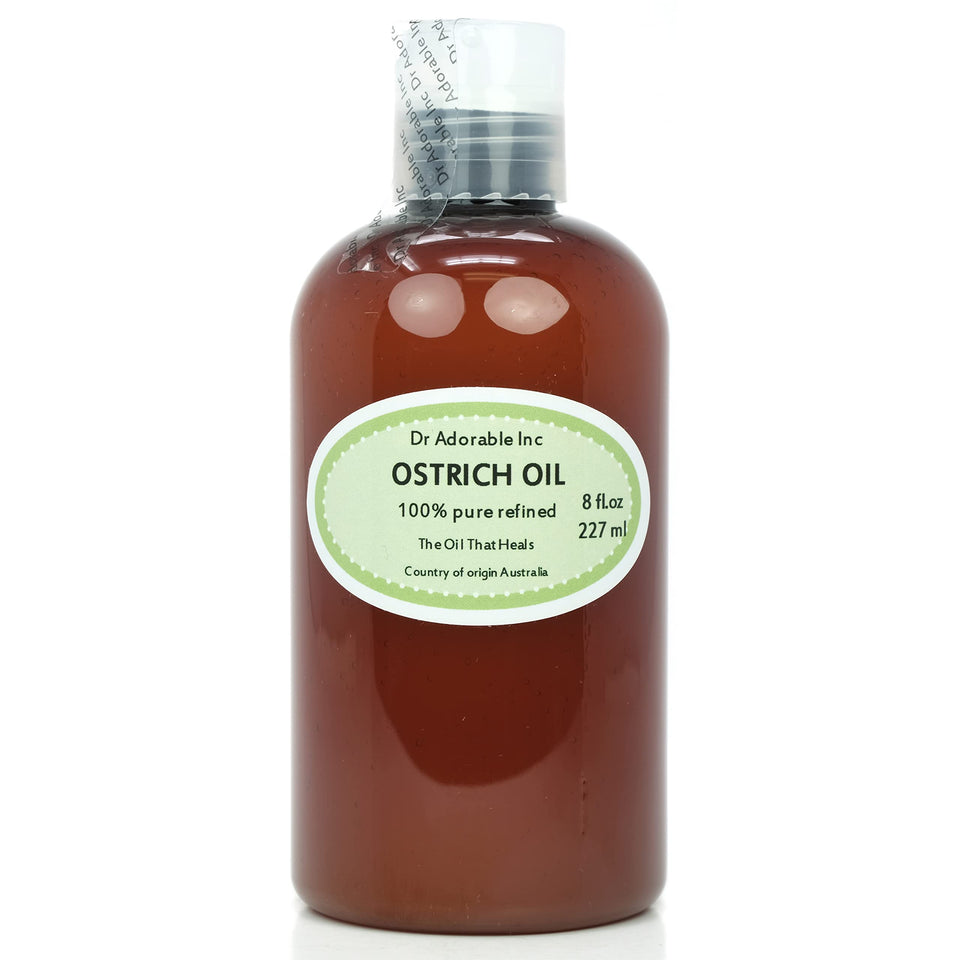 Dr Adorable front label of 8 oz ostrich oil showcasing organic premium product