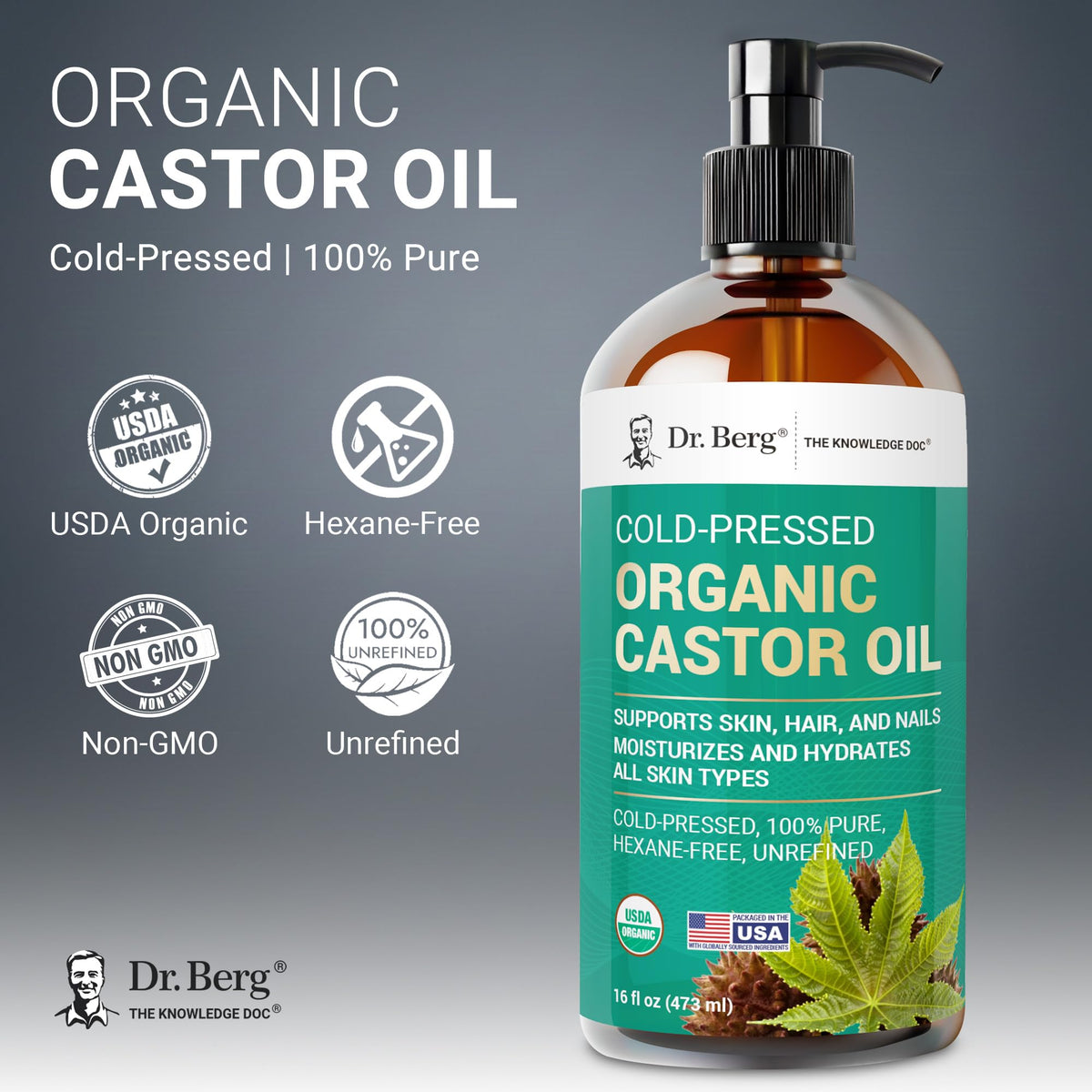 Dr. Berg amber glass bottle detail protecting oil and preserving freshness