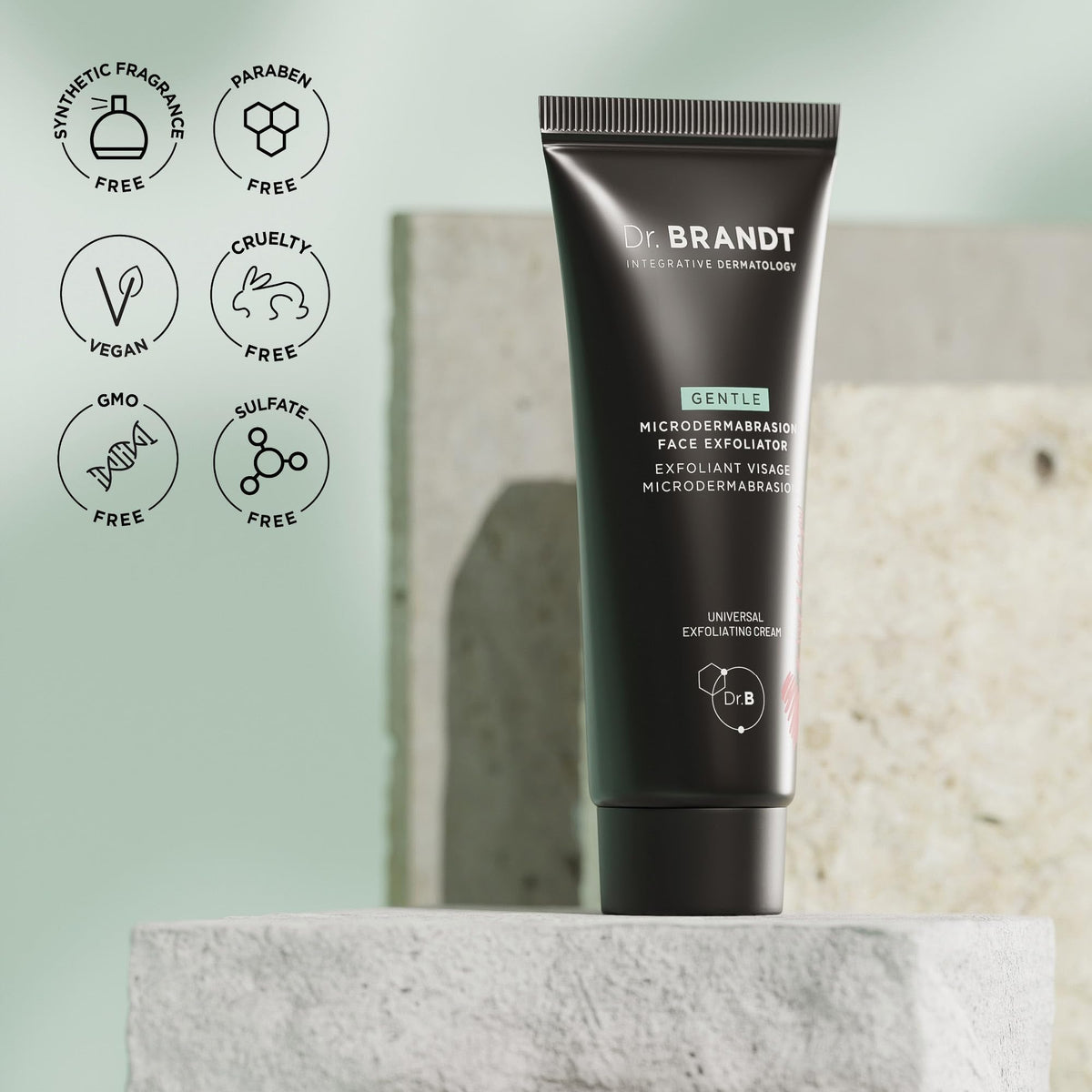 Dr. Brandt on bathroom shelf in lifestyle scene conveying daily routine fit