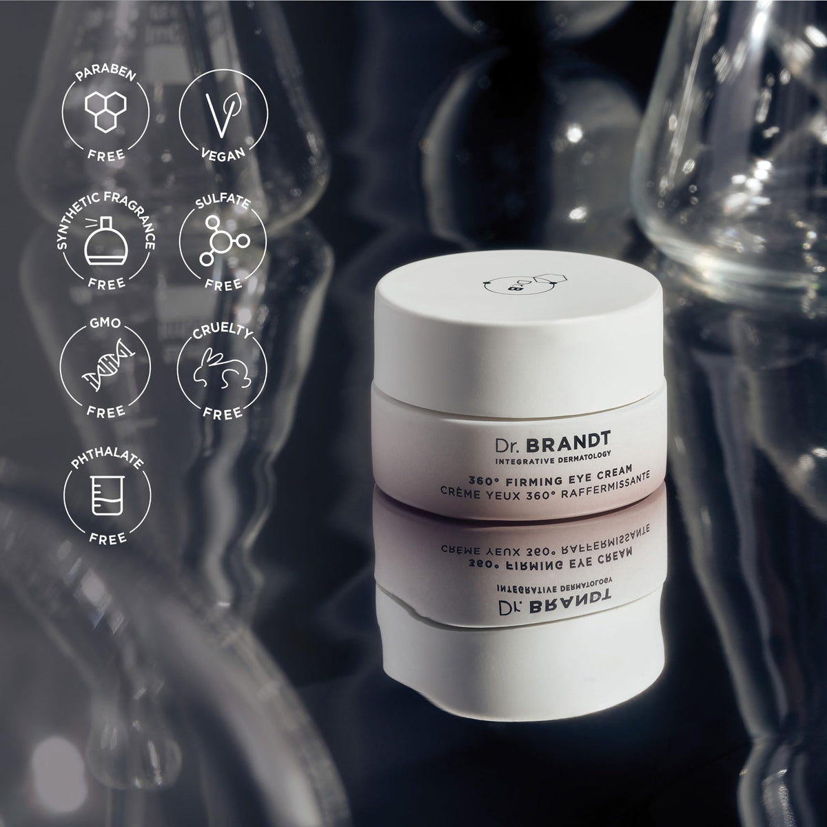 Dr. Brandt ingredient display with plant extracts emphasizing regenerative support