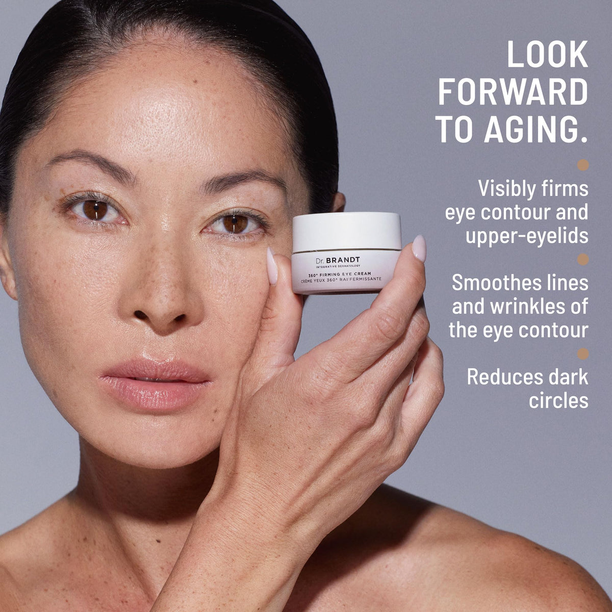Dr. Brandt application on upper eyelid demonstrating targeted firming benefit