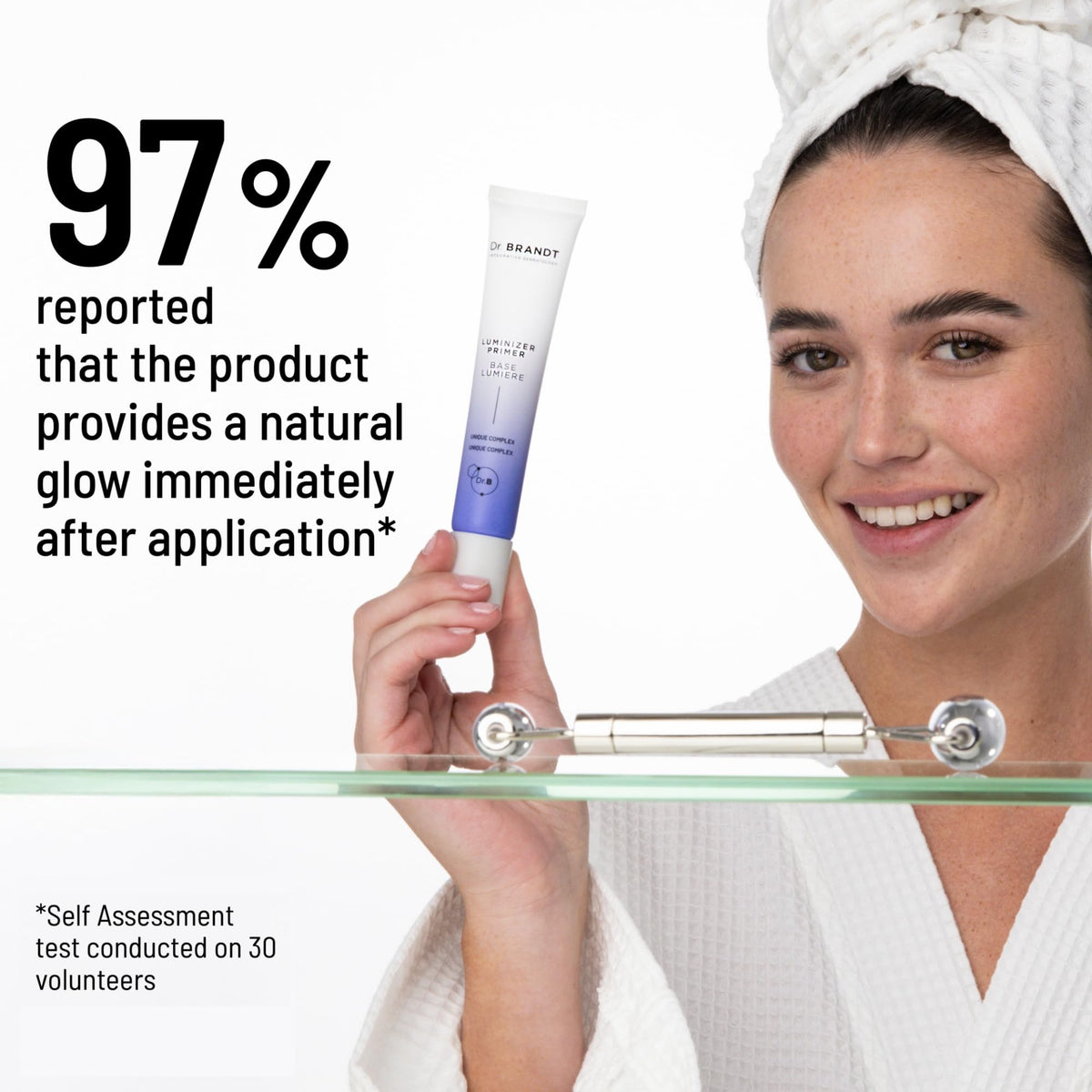 Dr. Brandt primer dollop on hand, demonstrating lightweight spread and quick absorption