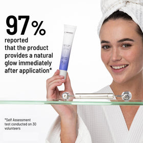 Dr. Brandt primer dollop on hand, demonstrating lightweight spread and quick absorption