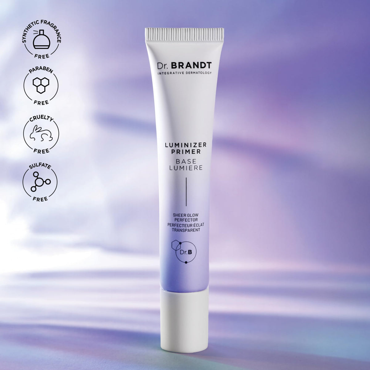 Dr. Brandt primer next to measuring cup for scale, clarifying 1 fl oz travel-friendly size