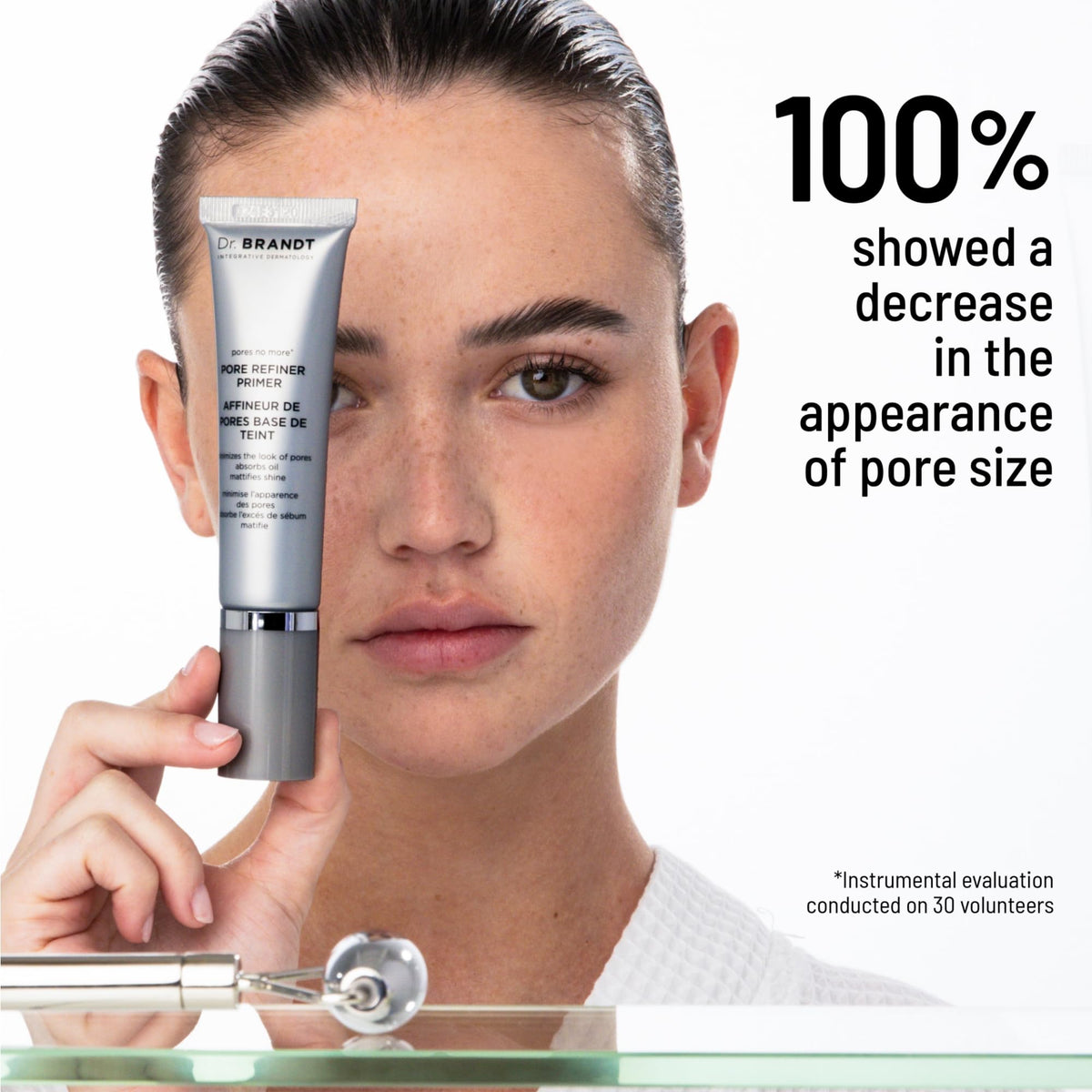 Dr. Brandt primer dispensed on hand to show coverage and lightweight absorbency