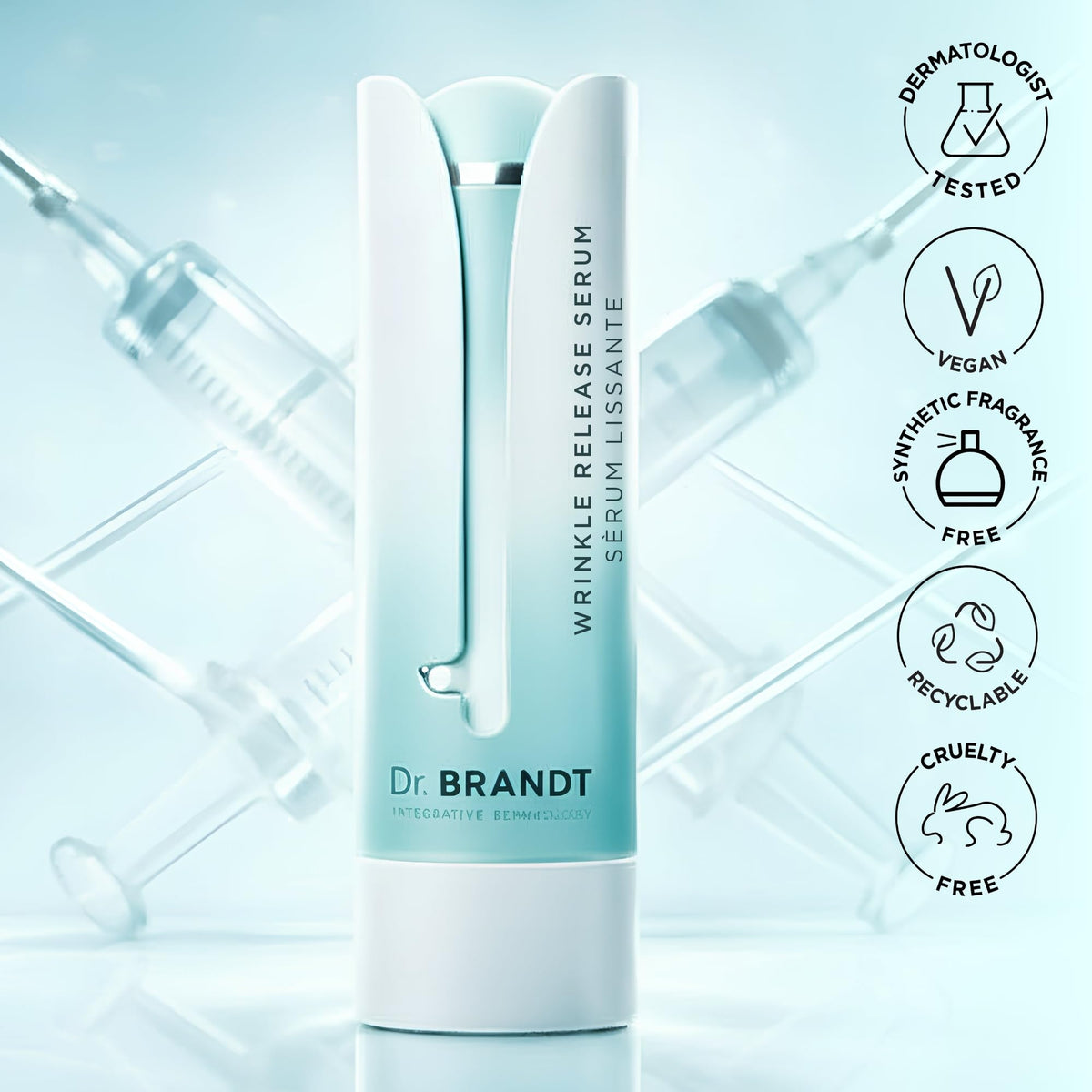 Dr. Brandt bottle next to a ruler to show 1.0 fl oz size for purchase clarity