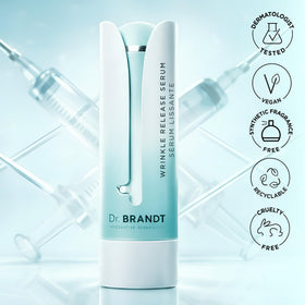 Dr. Brandt bottle next to a ruler to show 1.0 fl oz size for purchase clarity