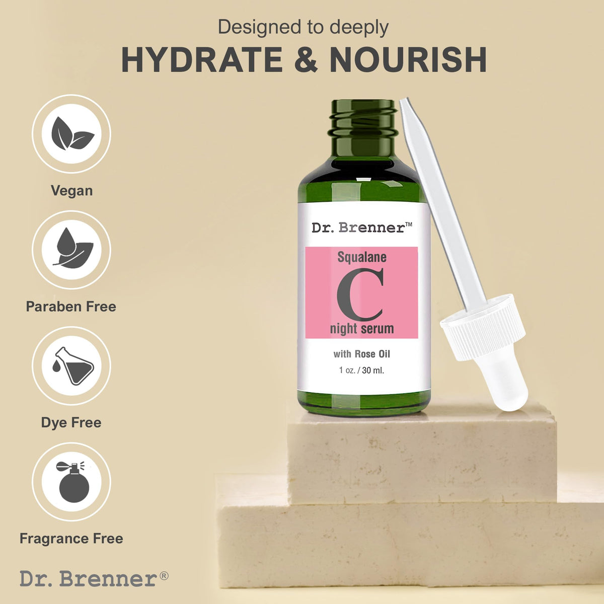 Dr. Brenner serum placed on bedside table illustrating night routine benefit