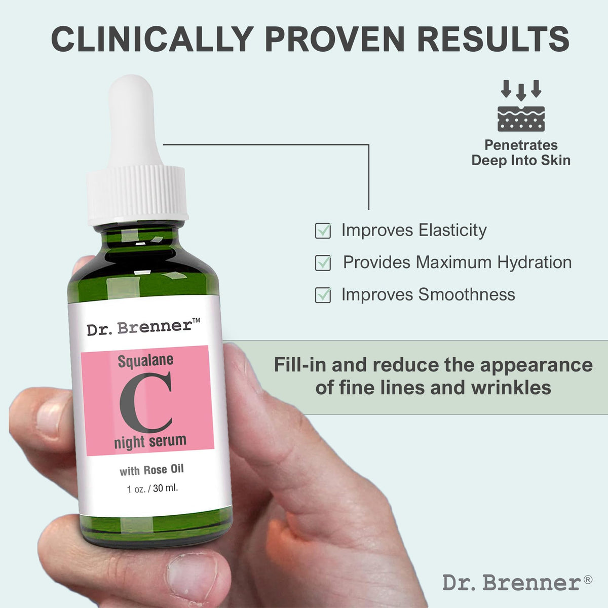 Dr. Brenner squalane texture on palm demonstrating lightweight hydration benefit