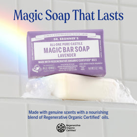 Dr. Bronner's bar texture close-up highlighting creamy surface and mild exfoliation benefit