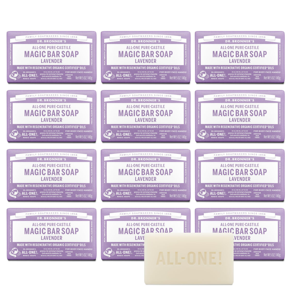Dr. Bronner's lavender front packaging showing organic label and 5 oz size benefit