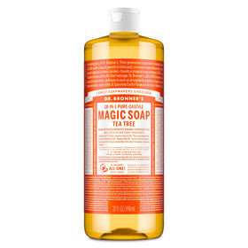 Dr. Bronner's front packaging showing tea tree bottle and brand benefit
