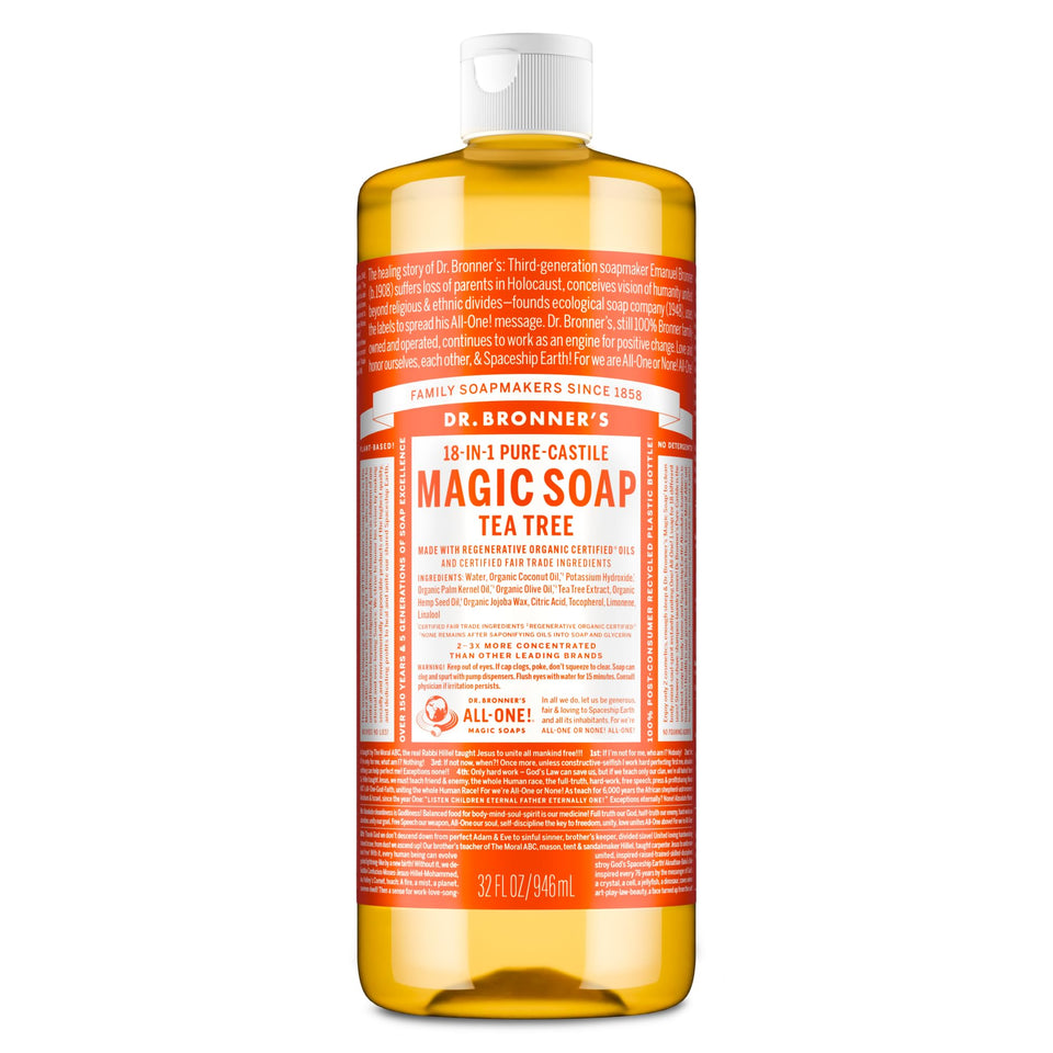 Dr. Bronner's front packaging showing tea tree bottle and brand benefit