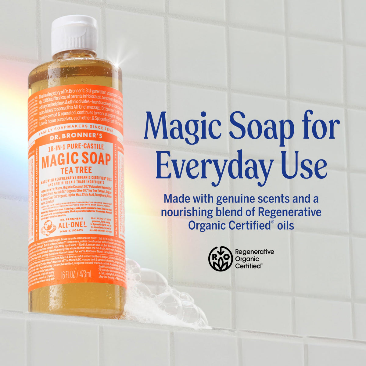 Dr. Bronner's label close-up highlighting organic ingredients and certifications